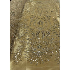 Tule Bordado com Pedrarias Dourado 4079 - Largura 1,30 x Comprimento 1,40 m 