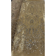 Tule Bordado com Pedrarias Dourado 4079 - Largura 1,30 x Comprimento 1,40 m 