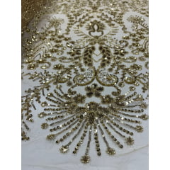 Tule Bordado com Pedrarias Dourado 4079 - Largura 1,30 x Comprimento 1,40 m 