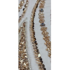 Tule Bordado com Pedrarias Premium Dourado Multicolor HT97504  - Comprimento 1,80 m x Largura 1,30 m 