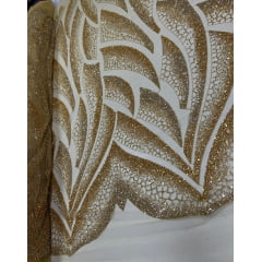 Tule Bordado com Pedrarias Dourado Modelo HS2091 - Comprimento 2,30 m x Largura 1,30 m 