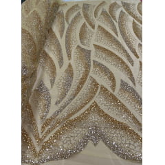 Tule Bordado com Pedrarias Dourado Modelo HS2091 - Comprimento 2,30 m x Largura 1,30 m 