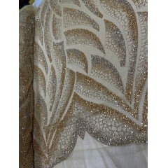 Tule Bordado com Pedrarias Dourado Modelo HS2091 - Comprimento 2,30 m x Largura 1,30 m 