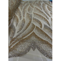 Tule Bordado com Pedrarias Dourado Modelo HS2091 - Comprimento 2,30 m x Largura 1,30 m 