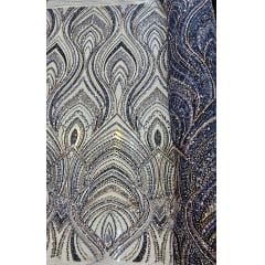 Tule Bordado com Pedrarias Premium Azul Marinho com Rosê Gold  HT97504  - Comprimento 3 m x Largura 1,30 m 