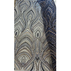 Tule Bordado com Pedrarias Premium Azul Marinho com Rosê Gold  HT97504  - Comprimento 3 m x Largura 1,30 m 