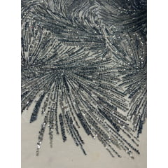 Tule Bordado Premium Com Pedrarias Prata com Serenity HT97428   - Comprimento 1,50 m x Largura  1,30 m 
