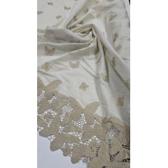 Cambraia Bordada Fundo Creme com Barrado em Guipir de Borboletas Kaki - Comprimento 1 m x Largura 1,30 m 