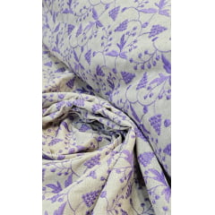 Linho Trovata Bordado Natural Uvas Lavanda - Largura 1,28 m x Comprimento 0,40 cm