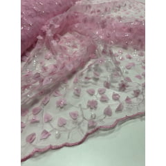 Tule Bordado 3D Floral Rosa Bebê com Paetês Transparentes - Comprimento 1,70 m x Largura 1,30 m  