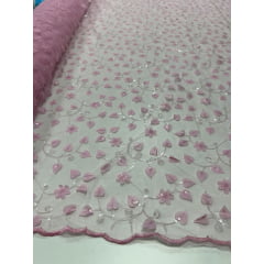 Tule Bordado 3D Floral Rosa Bebê com Paetês Transparentes - Comprimento 2 m x Largura 1,30 m   