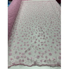 Tule Bordado 3D Floral Rosa Bebê com Paetês Transparentes - Comprimento 2 m x Largura 1,30 m   
