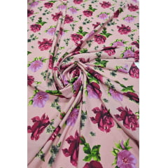 Crepe Haya Estampado ST25 ROSAS MARSALA  FUNDO GOIABA COM SUJEIRA - Comprimento 2 m x Largura 1,50 m 