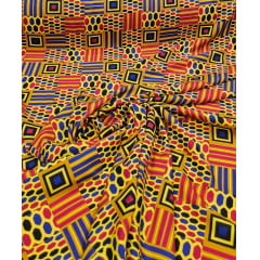Crepe Verona Com Elastano Estampado Africano Desenho 04  Fundo Amarelo  e Azul Royal - Comprimento 5 m  x Largura 1,50 m 