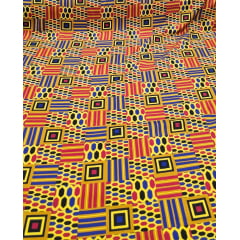 Crepe Verona Com Elastano Estampado Africano Desenho 04  Fundo Amarelo  e Azul Royal - Comprimento 5 m  x Largura 1,50 m 