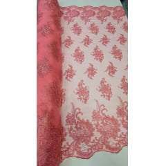 Tule Bordado Europa com Fio Metálico Rosa Chiclete Modelo 34 - Comprimento 0,50 cm x Largura 1,30 m 