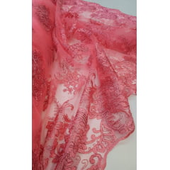Tule Bordado Europa com Fio Metálico Rosa Chiclete Modelo 34 - Comprimento 0,50 cm x Largura 1,30 m 