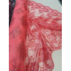 Tule Bordado Europa com Fio Metálico Rosa Chiclete Modelo 34 - Comprimento 0,50 cm x Largura 1,30 m 