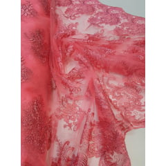 Tule Bordado Europa com Fio Metálico Rosa Chiclete Modelo 34 - Comprimento 0,50 cm x Largura 1,30 m 