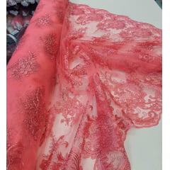 Tule Bordado Europa com Fio Metálico Rosa Chiclete Modelo 34 - Comprimento 0,50 cm x Largura 1,30 m 