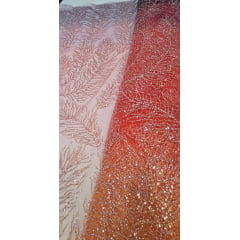 Tule Bordado com Pedrarias em Ramos Degradê Roxo e Laranja - Comprimento 0,40 cm x Largura 1,30 m 