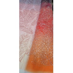 Tule Bordado com Pedrarias em Ramos Degradê Roxo e Laranja - Comprimento 0,40 cm x Largura 1,30 m 