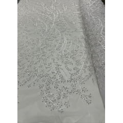 Tule Bordado com Pedrarias Ramos Branco HS783 - Comprimento 1 m x Largura 1,30 m 