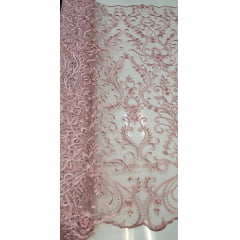 Tule Bordado com Pedrarias em Arabescos Rosê 599D - Comprimento 1,50 m x Largura 1,35 m 
