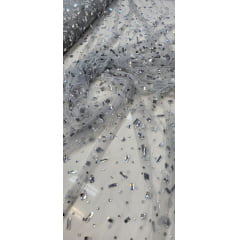 Tule Cinza Bordado com Pedrarias Diamond Prata  - Comprimento 0,80 cm x Largura 1,40 m 