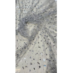 Tule Cinza Bordado com Pedrarias Diamond Prata  - Comprimento 0,80 cm x Largura 1,40 m 
