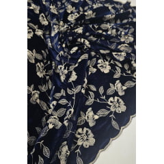 Veludo Cristal Bordado Floral Azul Marinho - Comprimento 1,50 m x Largura 1,45