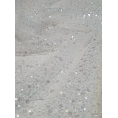 Tule Bordado Branco com Pedrarias e Paetês Transparentes - Largura 1,30 m  x Comprimento 0,60cm 