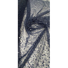 Tule Bordado com Paetês e Pedrarias Azul Marinho - Comprimento 1,70 m x Largura 1,30 m 