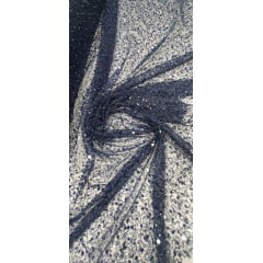 Tule Bordado com Paetês e Pedrarias Azul Marinho - Comprimento 1,70 m x Largura 1,30 m 
