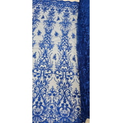 Tule Bordado com Bico Azul Royal Modelo 917C - Comprimento 0,90 cm x Largura 1,30 m 