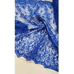 Tule Bordado com Bico Azul Royal Modelo 917C - Comprimento 0,90 cm x Largura 1,30 m 