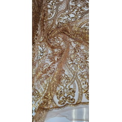 Tule Bordado com Paetês Arabescos Dourado 2589 - Comprimento 1,50 m x Largura 1,40 m 