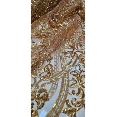 Tule Bordado com Paetês Arabescos Dourado 2589 - Comprimento 1,50 m x Largura 1,40 m 