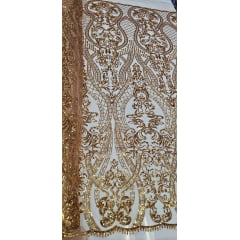 Tule Bordado com Paetês Arabescos Dourado 2589 - Comprimento 1,50 m x Largura 1,40 m 