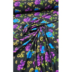 Crepe Haya Estampado ST25 ROSAS ROXAS FUNDO PRETO - Comprimento 1 m x Largura 1,50 m 