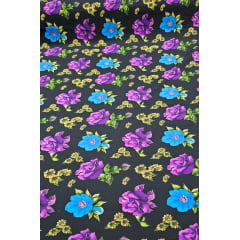 Crepe Haya Estampado ST25 ROSAS ROXAS FUNDO PRETO - Comprimento 1 m x Largura 1,50 m 