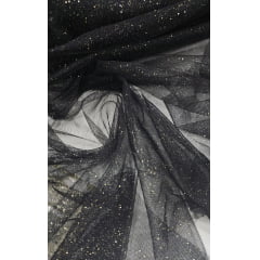 Tule com Glitter Fantasy Preto Brilho Dourado COM DEFEITO - Comprimento 1 m x Largura 1,50 m 