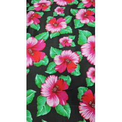 Chitão Estampado Fundo Preto Flores Rosas STC - Comprimento 1,90 m x Largura 1,40 m 