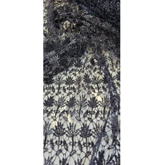 Renda Guipir Pesada Preto com Fio Metálico Prata - Comprimento 1 m x Largura 1,30 m