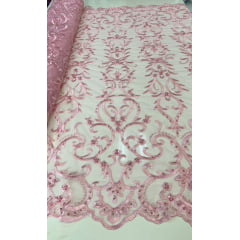 Tule Bordado com Pedrarias em Arabescos Rosa Bebê LO23 - Comprimento 1 m x Largura 1,30 m 