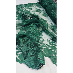 Tule Bordado com Bico Verde Folha 13  - Comprimento 0,90 cm x Largura 1,35 m