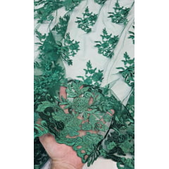 Tule Bordado com Bico Verde Folha 13  - Comprimento 0,90 cm x Largura 1,35 m