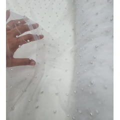 Tule Iluzione com Pérolas Branco  COM MANCHAS- Comprimento  1 m x Largura 1,60 m 
