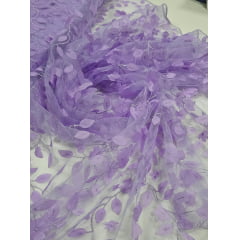 Tule Bordado Floral com Borboletas Lavanda - Comprimento 0,90 cm x Largura 1,35 m 
