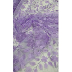 Tule Bordado Floral com Borboletas Lavanda - Comprimento 0,90 cm x Largura 1,35 m 